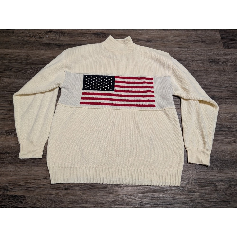 Vintage 212 OPC USA American Flag Mock Neck Sweater Cream Mens Medium
